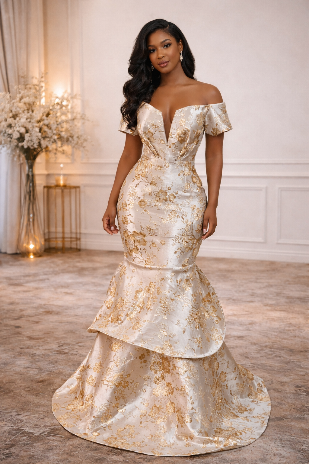 Ivory & Gold Floral Mermaid Gown